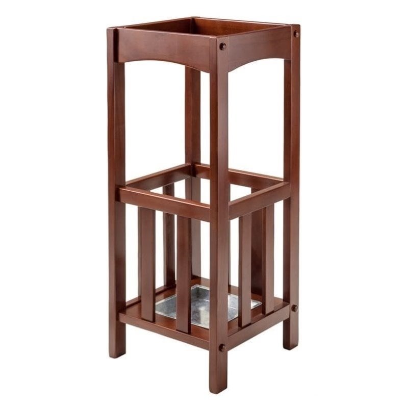 Pemberly Row Transitional Solid Wood Umbrella Stand with Tray in Walnut