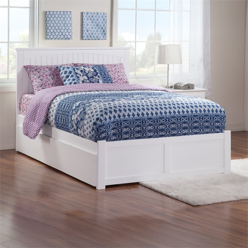 Pemberly Row Full Wood Platform Bed with Footboard & Twin Trundle in White