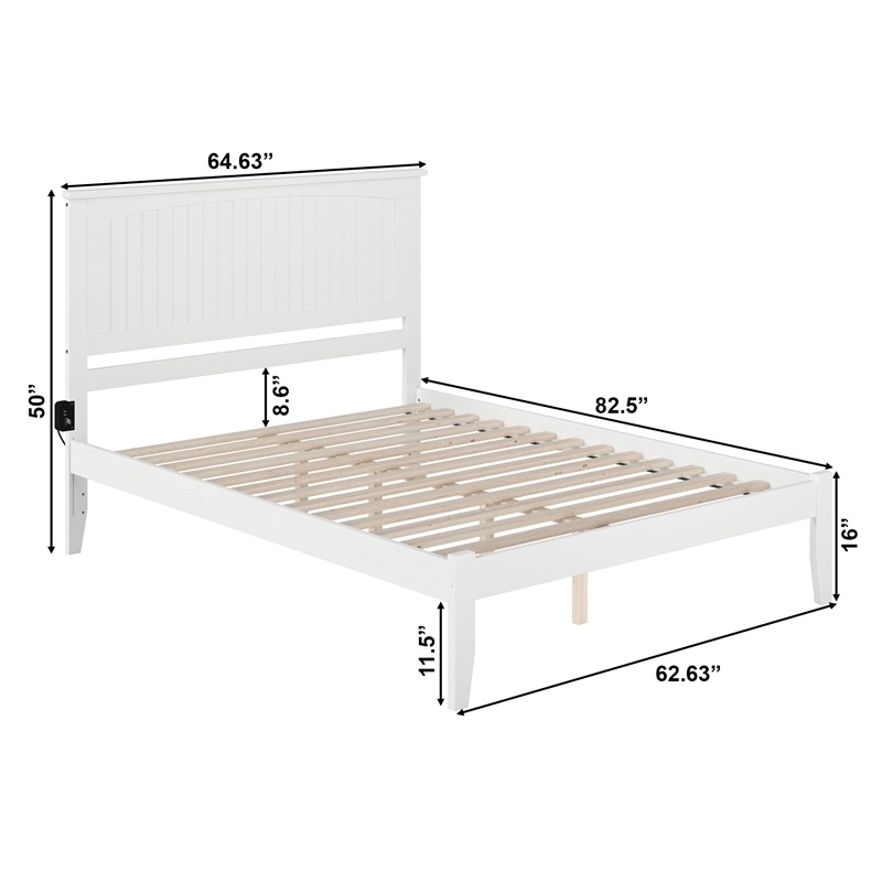 Pemberly Row Solid Wood Queen Platform Bed with USB Charging Station in White