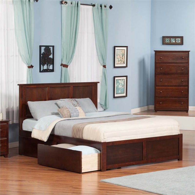 Pemberly Row Madison King Wood Platform Bed & Storage Drawers in Walnut