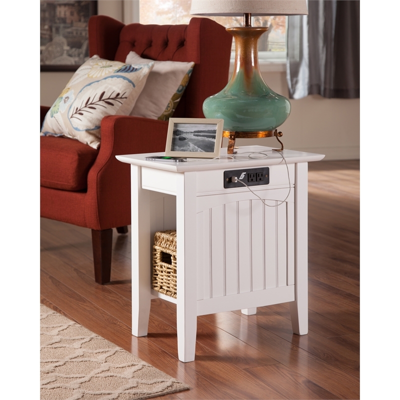 Pemberly Row Transitional Wood Side Table with USB Charging Ports in White