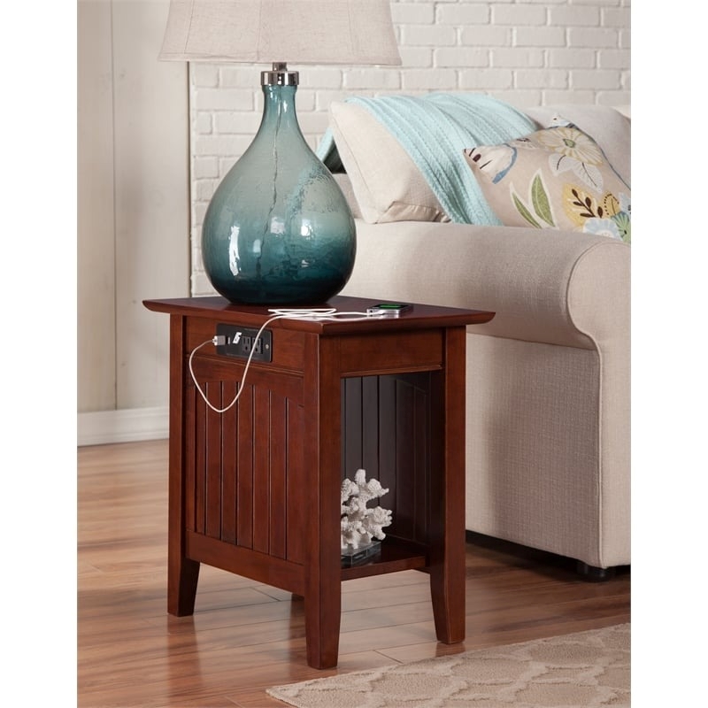 Pemberly Row Modern Solid Wood Side Table with USB Charging Ports in Walnut