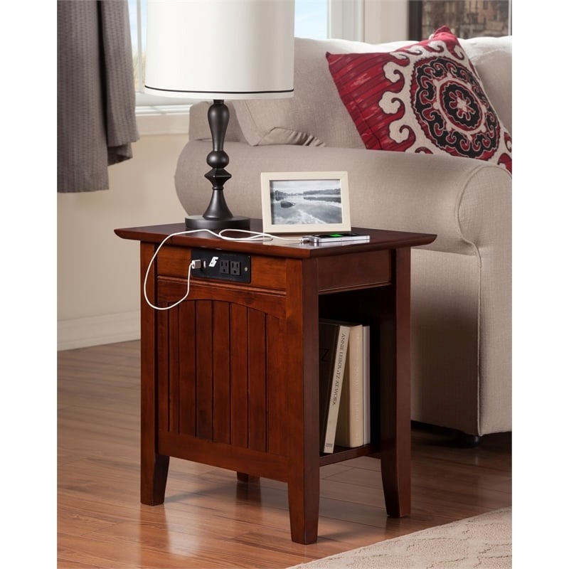 Pemberly Row Modern Solid Wood Side Table with USB Charging Ports in Walnut