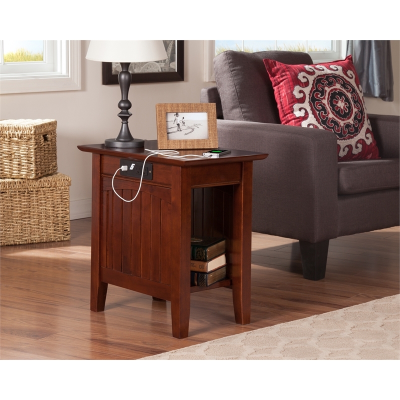 Pemberly Row Modern Solid Wood Side Table with USB Charging Ports in Walnut