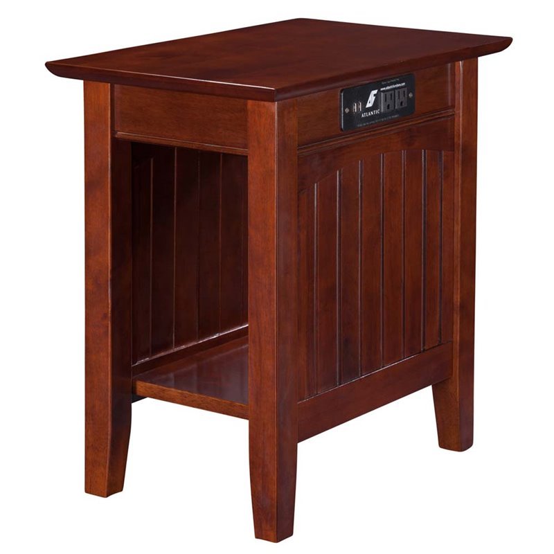 Pemberly Row Modern Solid Wood Side Table with USB Charging Ports in Walnut