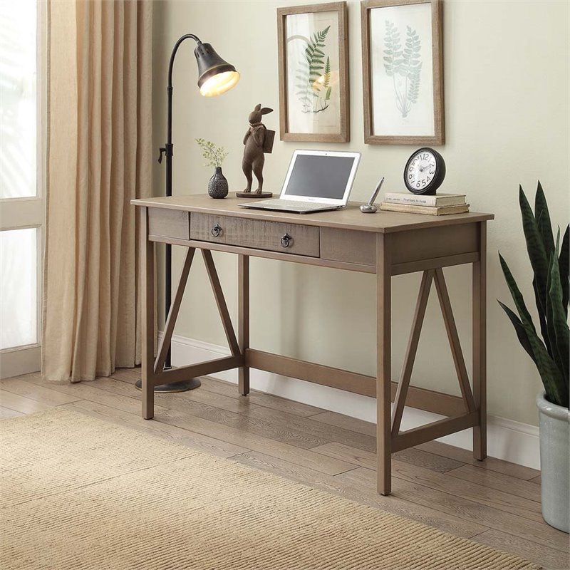 Pemberly Row 1 Drawer Transitional Wood Desk in Driftwood Brown
