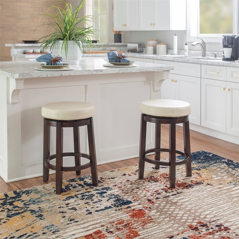 Pemberly Row Wood Bar Stool Chair in White With Rotating Round Seat & Footrest