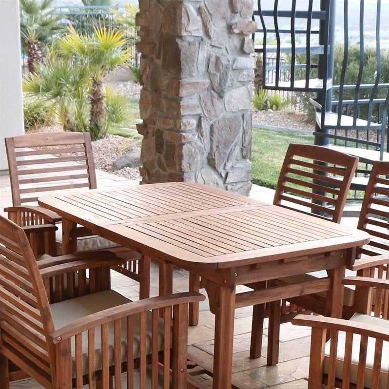 Pemberly Row 7 Piece Wood Patio Dining Set in Brown with Cushions