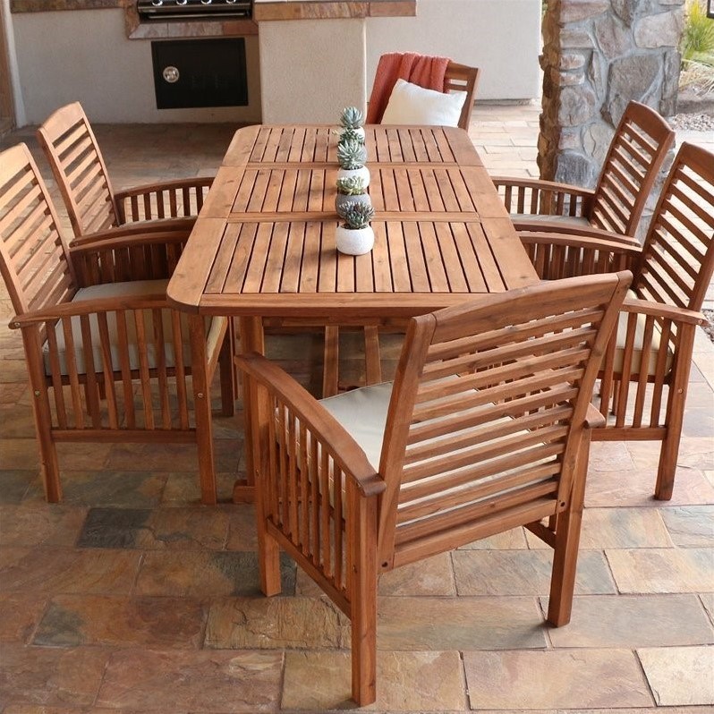 Pemberly Row 7 Piece Wood Patio Dining Set in Brown with Cushions