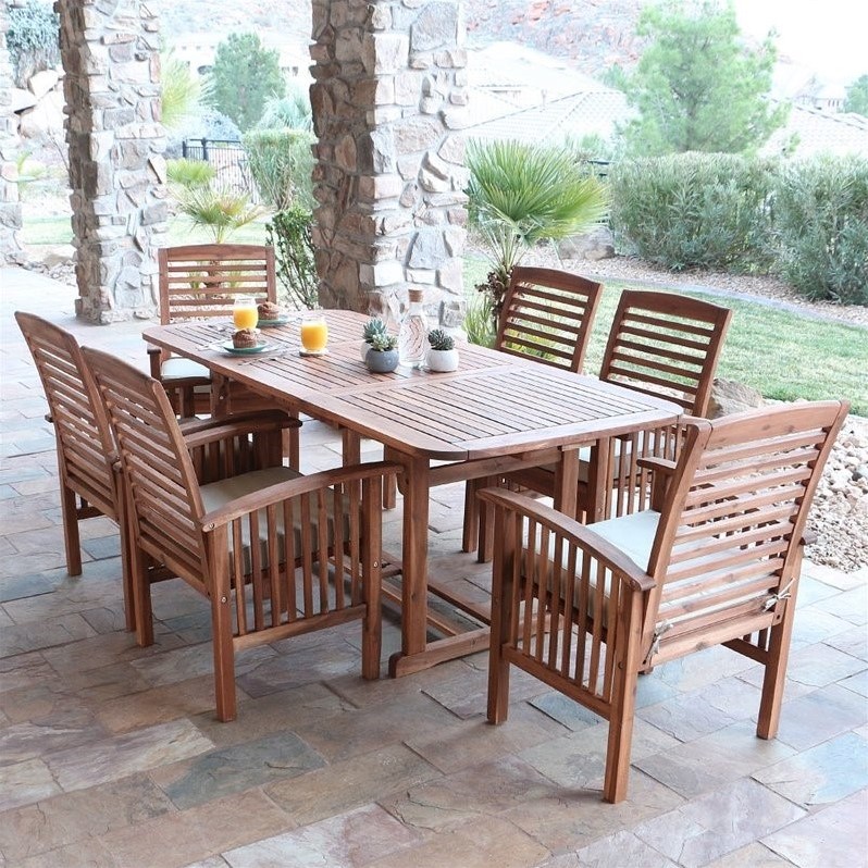 Pemberly Row 7 Piece Wood Patio Dining Set in Brown with Cushions
