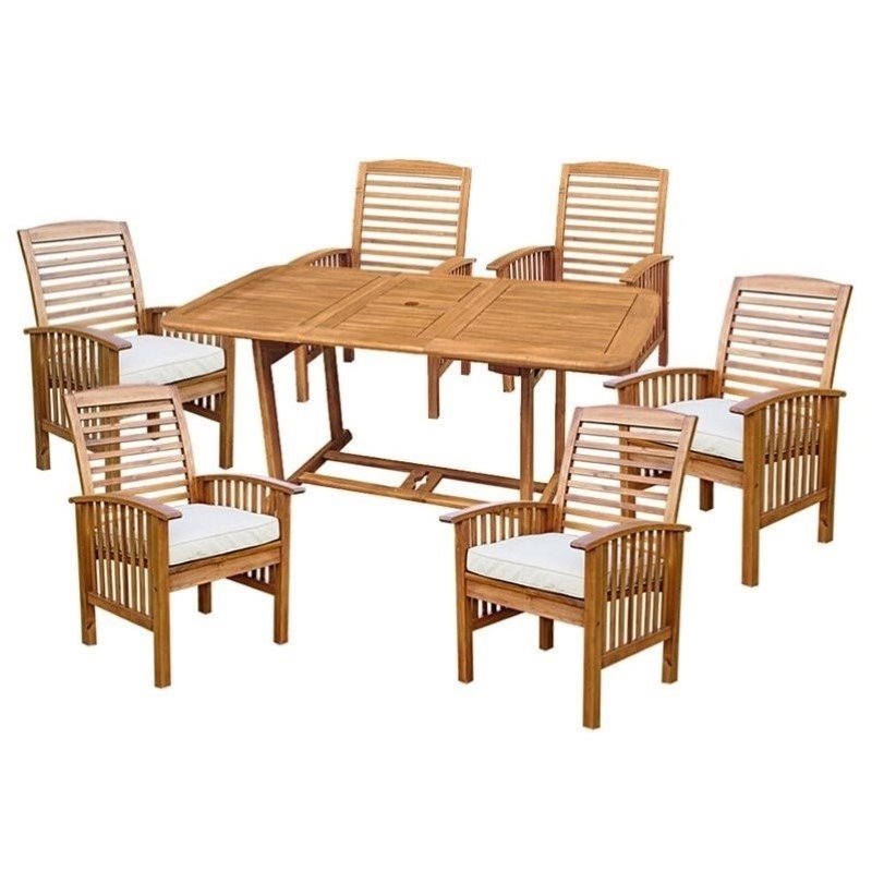 Pemberly Row 7 Piece Wood Patio Dining Set in Brown with Cushions