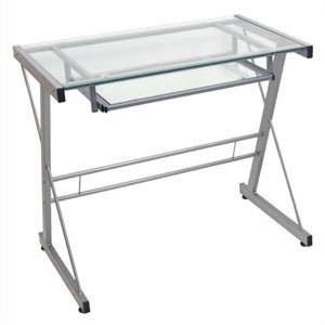 pemberly row small glass top computer desk in silver