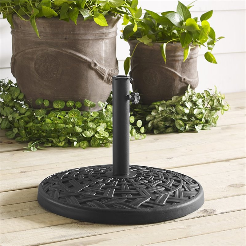 Pemberly Row Cross Weave Metal Round Outdoor Patio Umbrella Base in Black