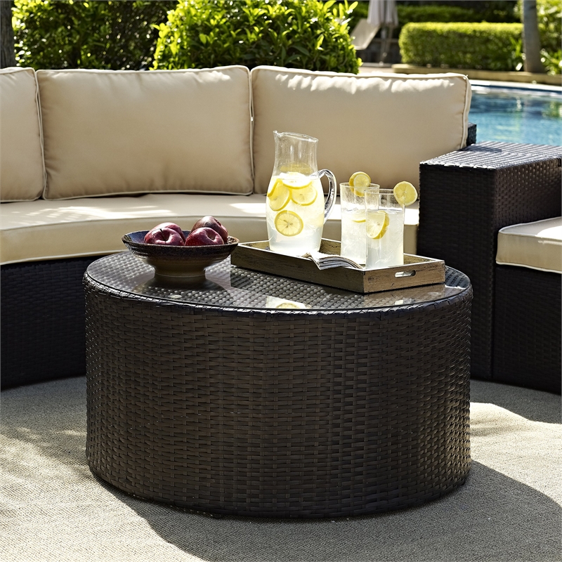 Pemberly Row Outdoor Wicker Round Glass Top Coffee Table