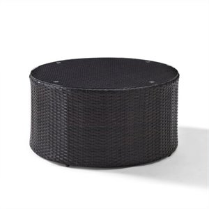 pemberly row outdoor wicker round glass top coffee table