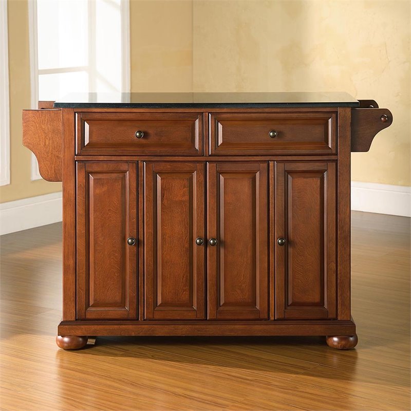 Pemberly Row Traditional Wood Kitchen Island with Granite Top in Cherry
