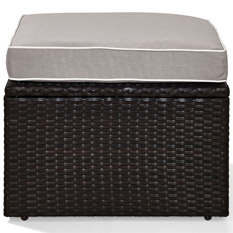 Pemberly Row Wicker Patio Ottoman with Gray Cushions