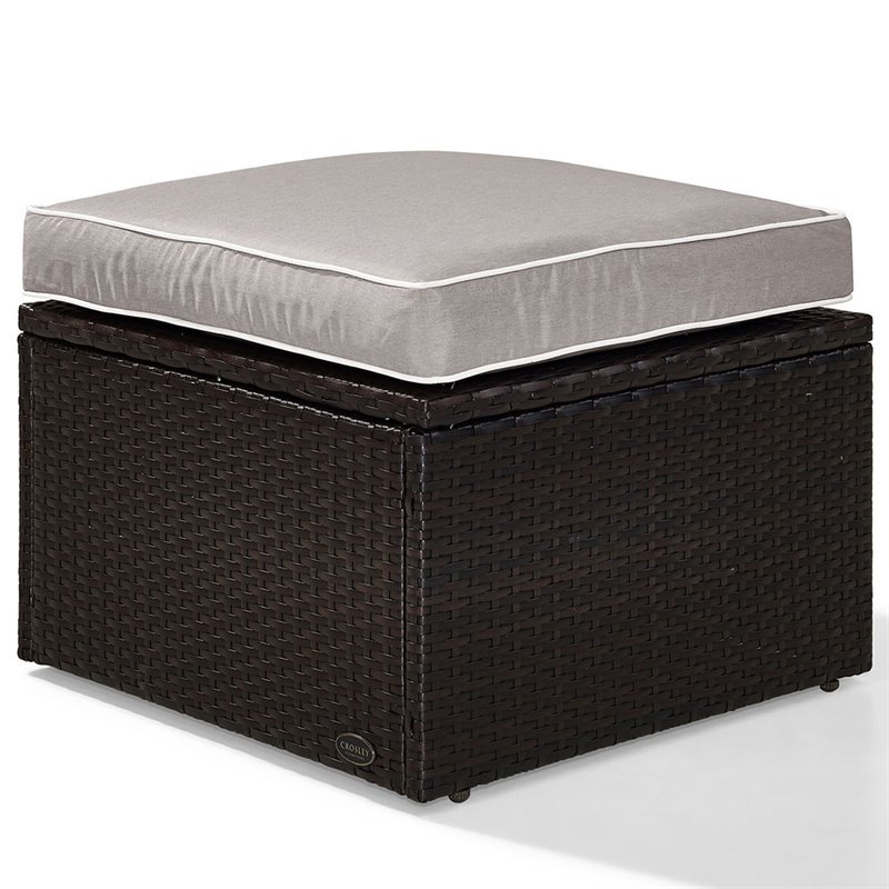 Pemberly Row Wicker Patio Ottoman with Gray Cushions