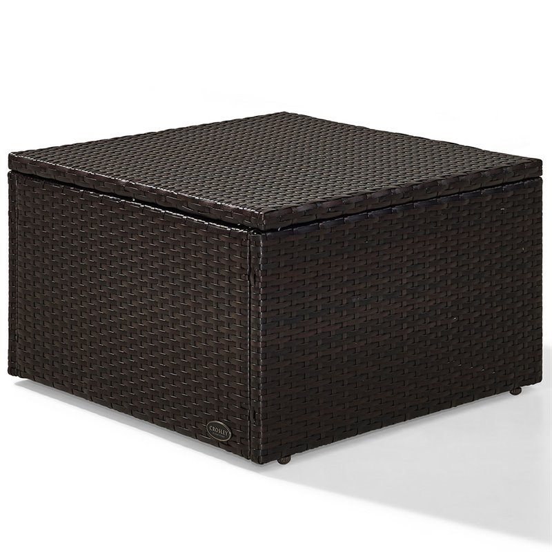 Pemberly Row Wicker Patio Ottoman with Gray Cushions