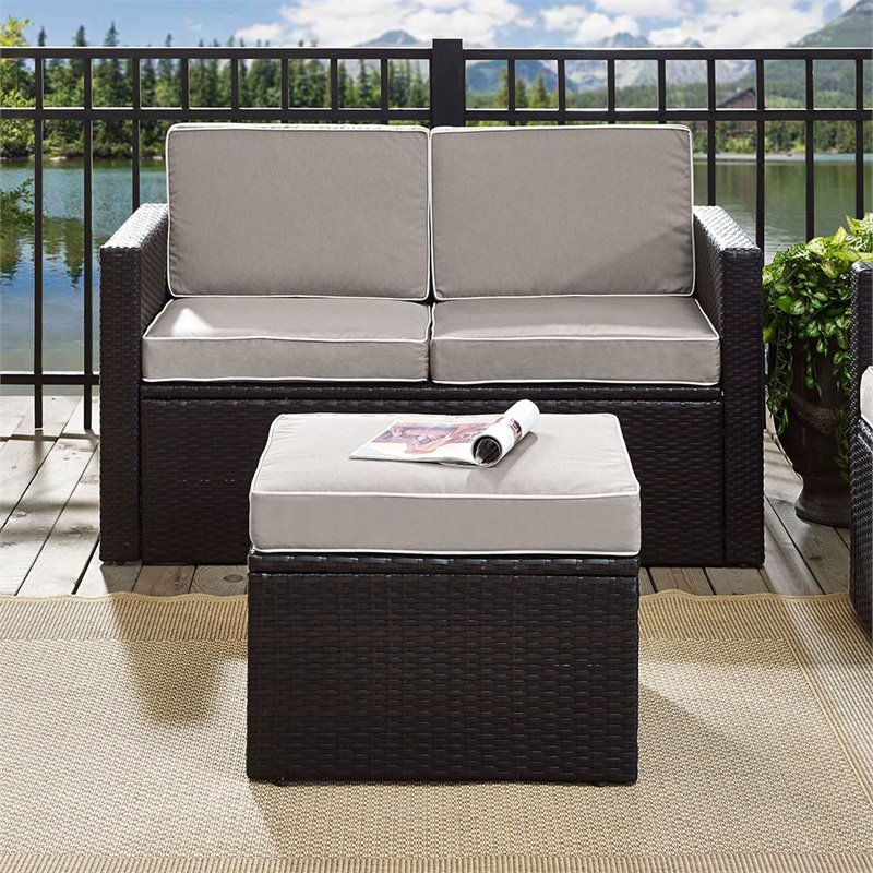 Pemberly Row Wicker Patio Ottoman with Gray Cushions