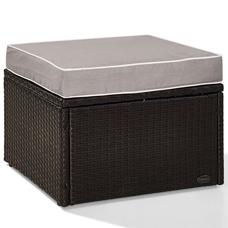 Pemberly Row Wicker Patio Ottoman with Gray Cushions