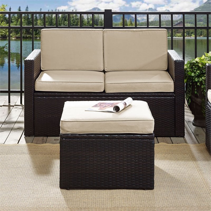Pemberly Row Wicker Patio Ottoman with Sand Cushions