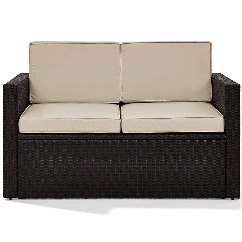 Pemberly Row Wicker Patio Loveseat In Brown with Sand Cushions