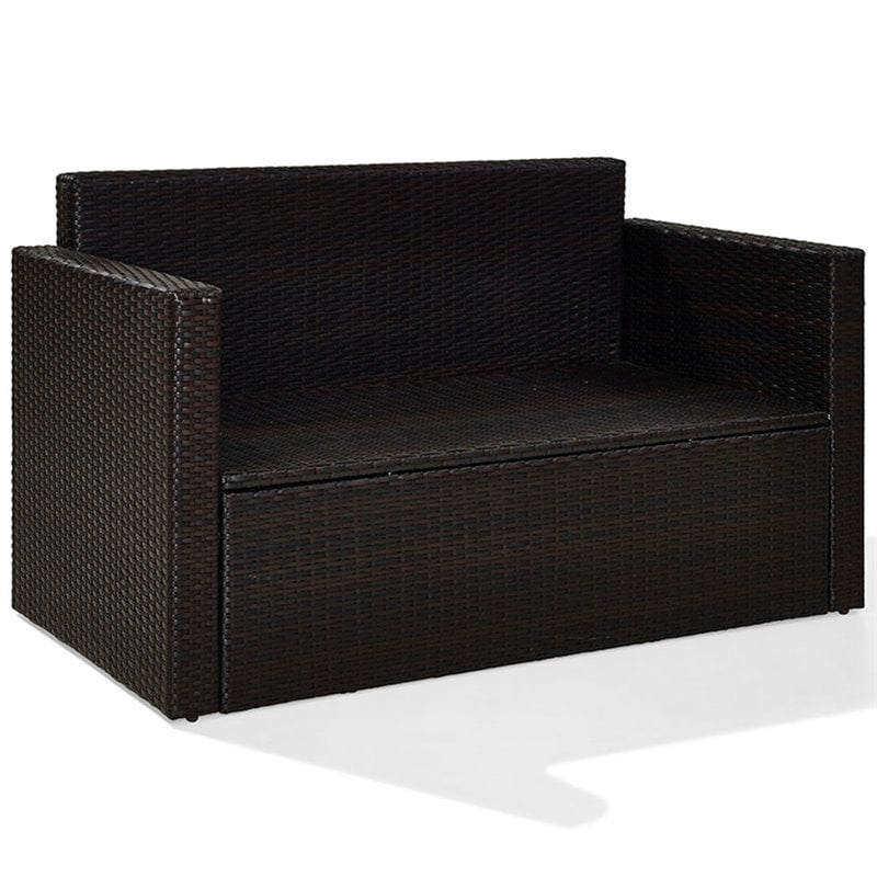 Pemberly Row Wicker Patio Loveseat In Brown with Sand Cushions