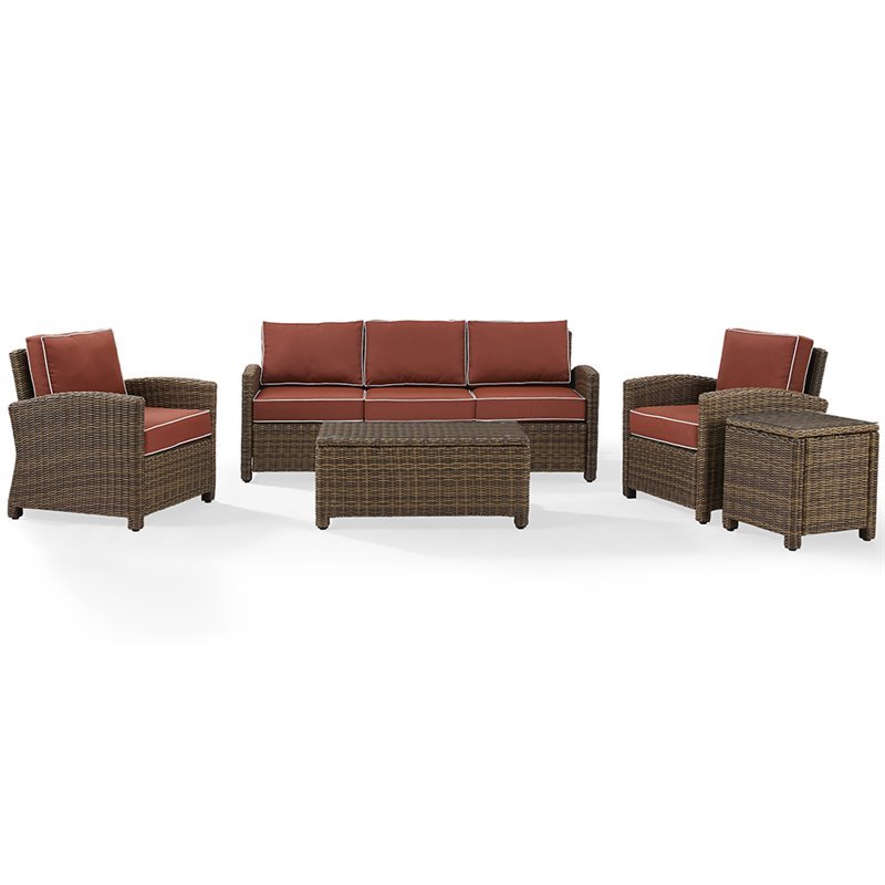 Pemberly Row 5 Piece Wicker Patio Sofa Set with Sangria Cushions