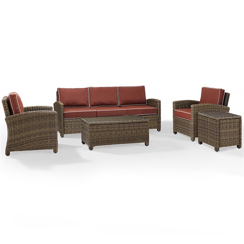 Pemberly Row 5 Piece Wicker Patio Sofa Set with Sangria Cushions