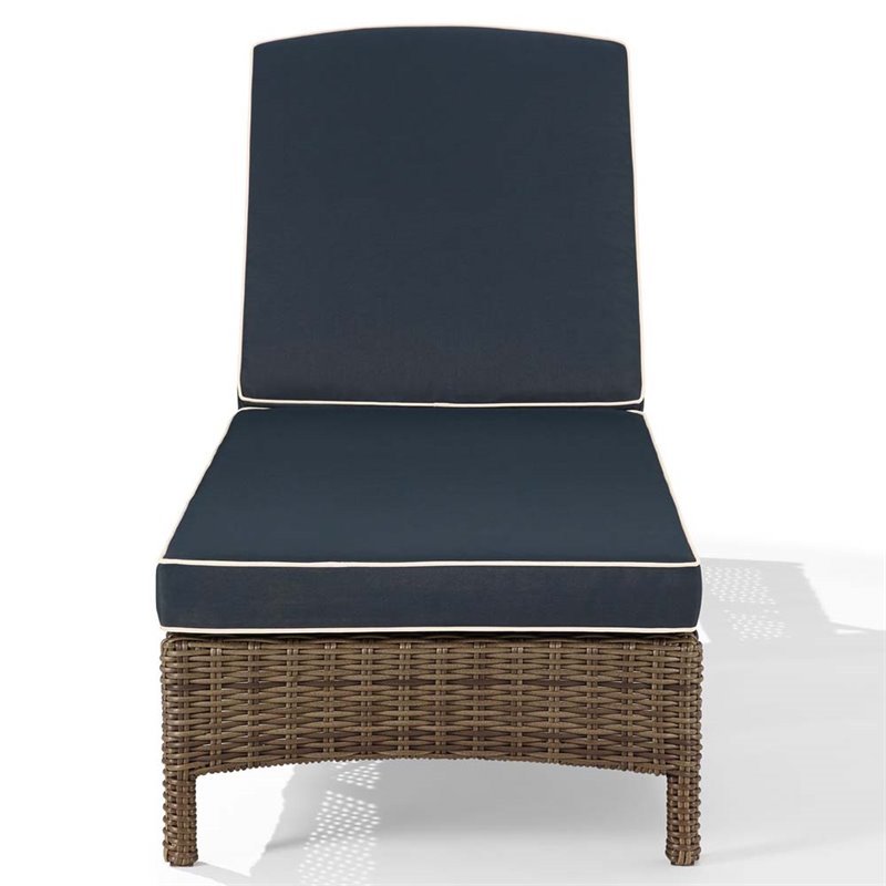 Pemberly Row Wicker Patio Chaise Lounge in Brown and Navy