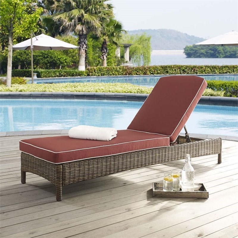 Pemberly Row Wicker Patio Chaise Lounge in Brown and Sangria