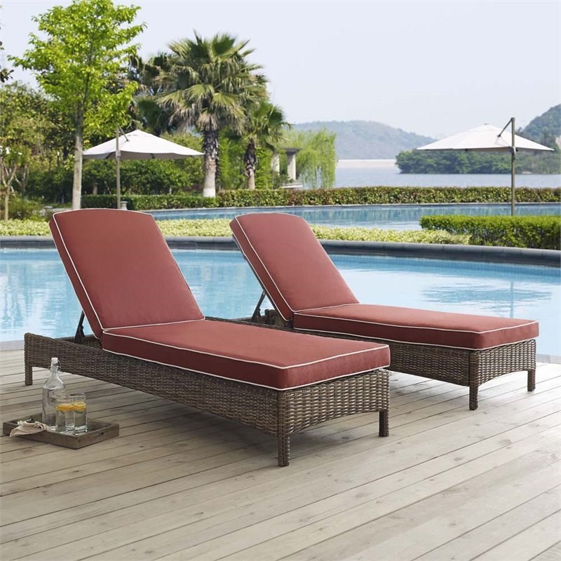 Pemberly Row Wicker Patio Chaise Lounge in Brown and Sangria
