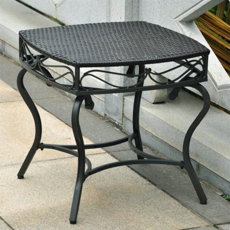 Pemberly Row Wicker and Metal Patio Side Table in Antique Black
