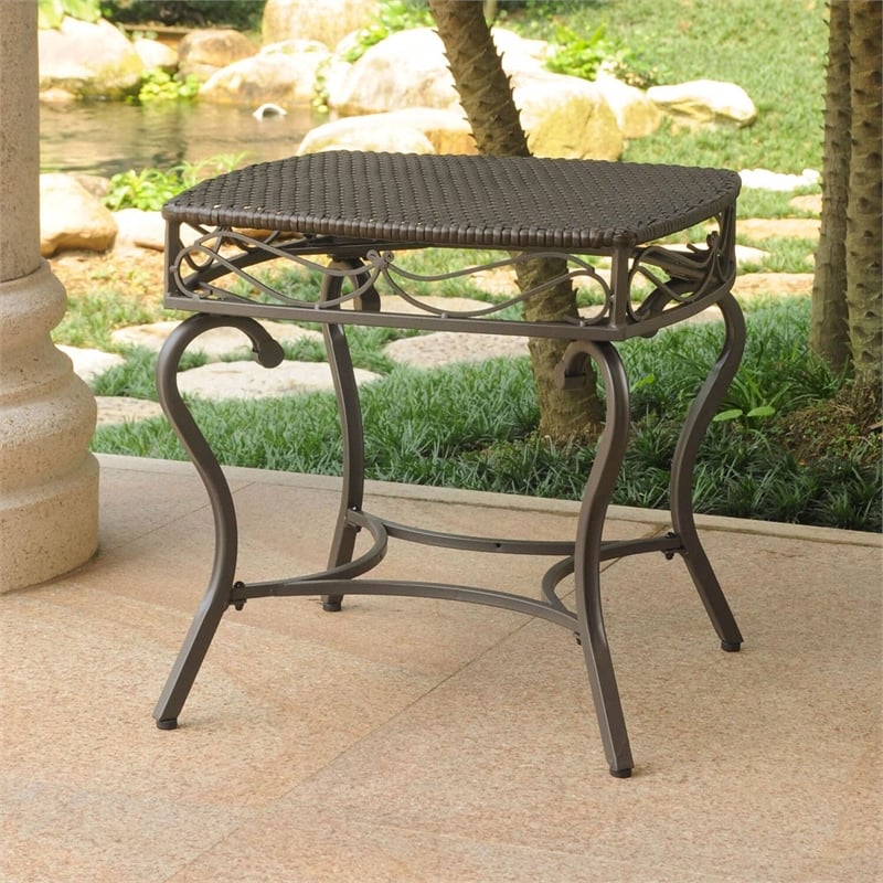 Pemberly Row Wicker Resin and Metal Patio Side Table in Pecan
