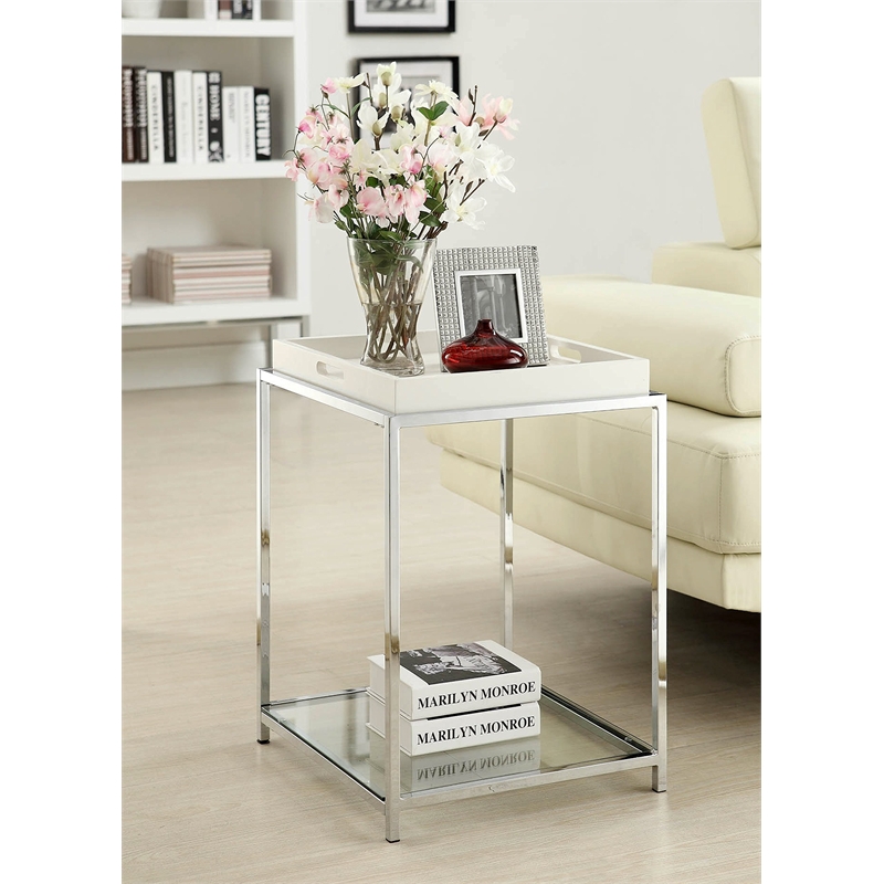 Pemberly Row Transitional Glass and Metal End Table in Clear/Chrome