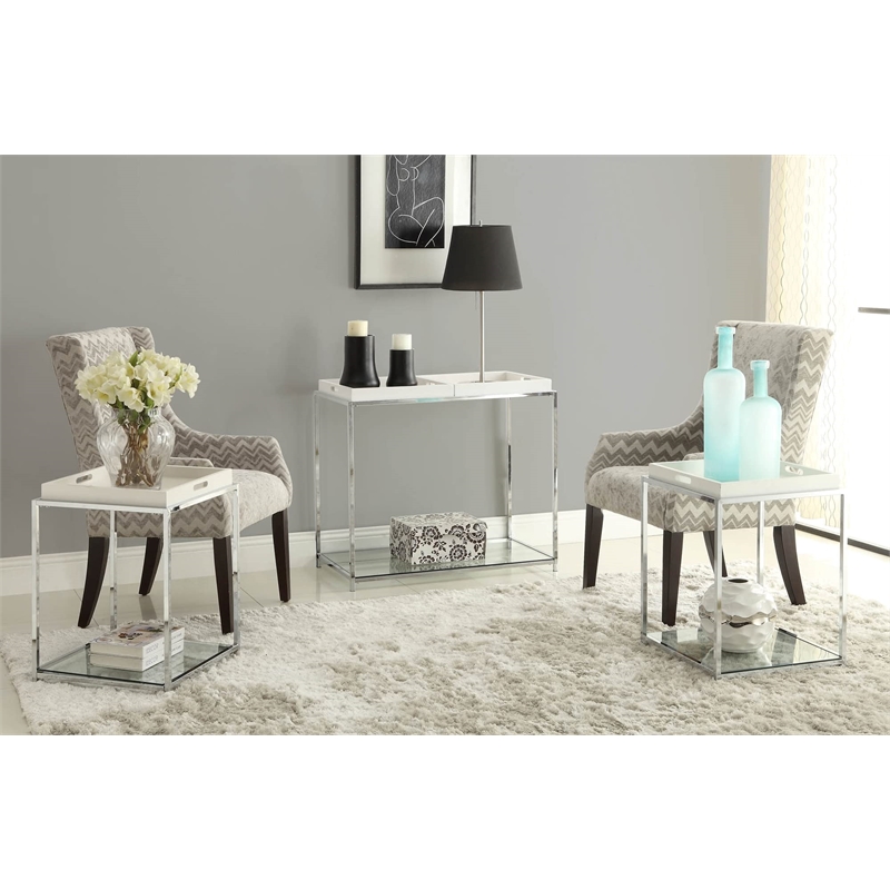 Pemberly Row Transitional Glass and Metal End Table in Clear/Chrome