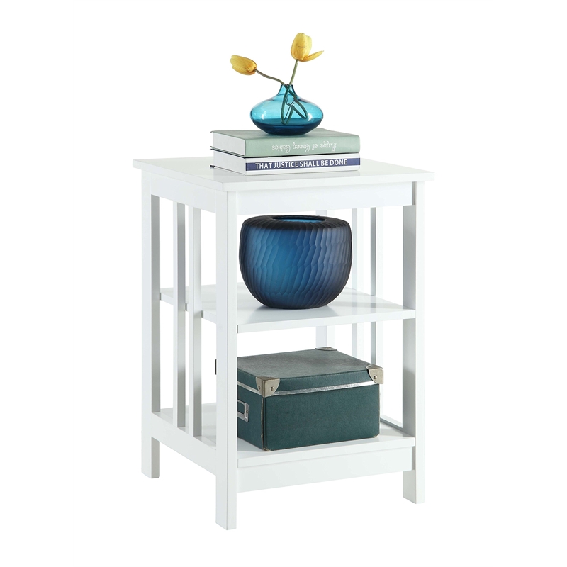 Pemberly Row Traditional Wood End Table with Middle and Bottom Shelf in White