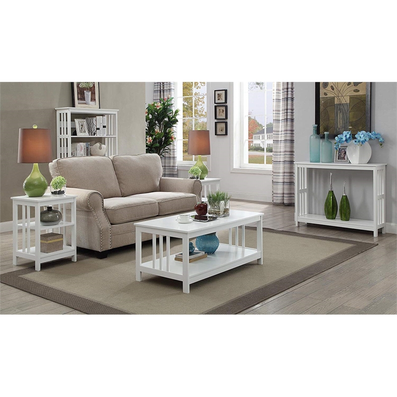 Pemberly Row Traditional Wood End Table with Middle and Bottom Shelf in White