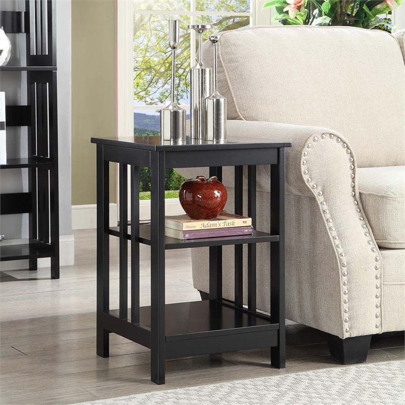 Pemberly Row Wood End Table with Middle and Bottom Shelf in Black