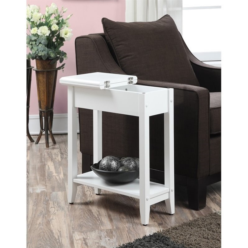 Pemberly Row Transitional Wood Flip Top End Table with Bottom Shelf in White