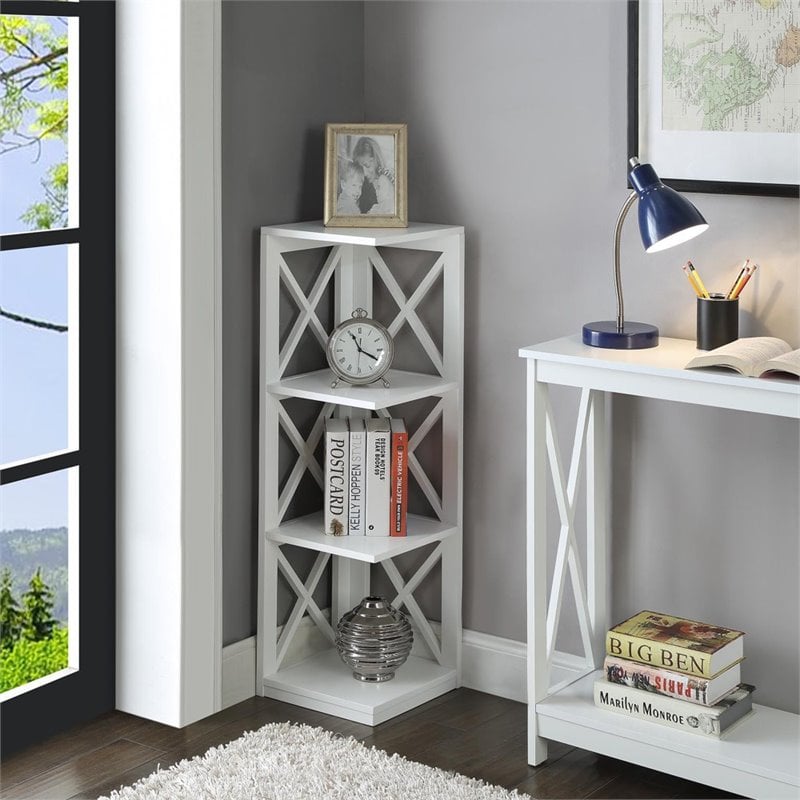 Pemberly Row 3 Shelf Corner Bookshelf Bookcase in White