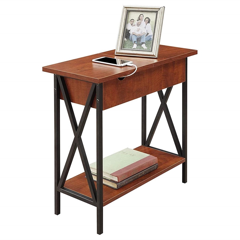 Pemberly Row Transitional Wood Electric Flip Top Table in Cherry