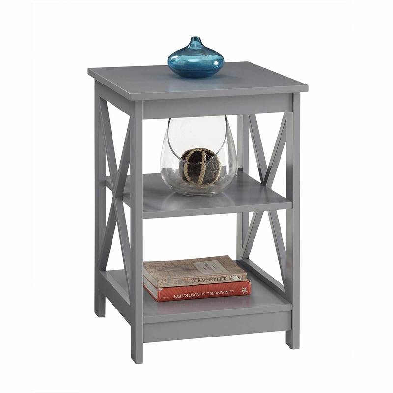 Pemberly Row Transitional Wood End Table with Middle & Bottom Shelf in Gray