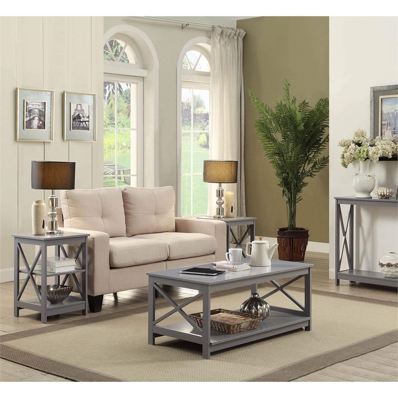 Pemberly Row Transitional Wood End Table with Middle & Bottom Shelf in Gray