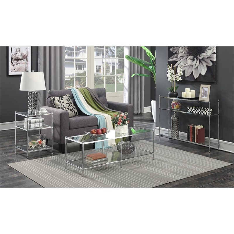 Pemberly Row Modern 3-Tier Console Table in Clear Glass and Chrome