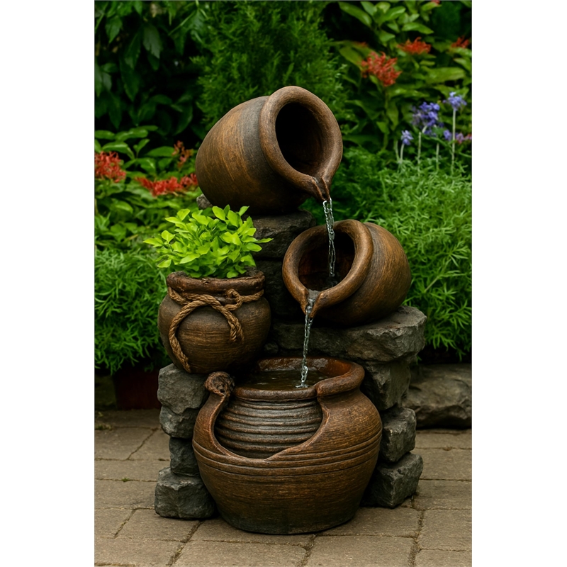 Pemberly Row Multi Pots Outdoor Water Fountain with Flower Pot