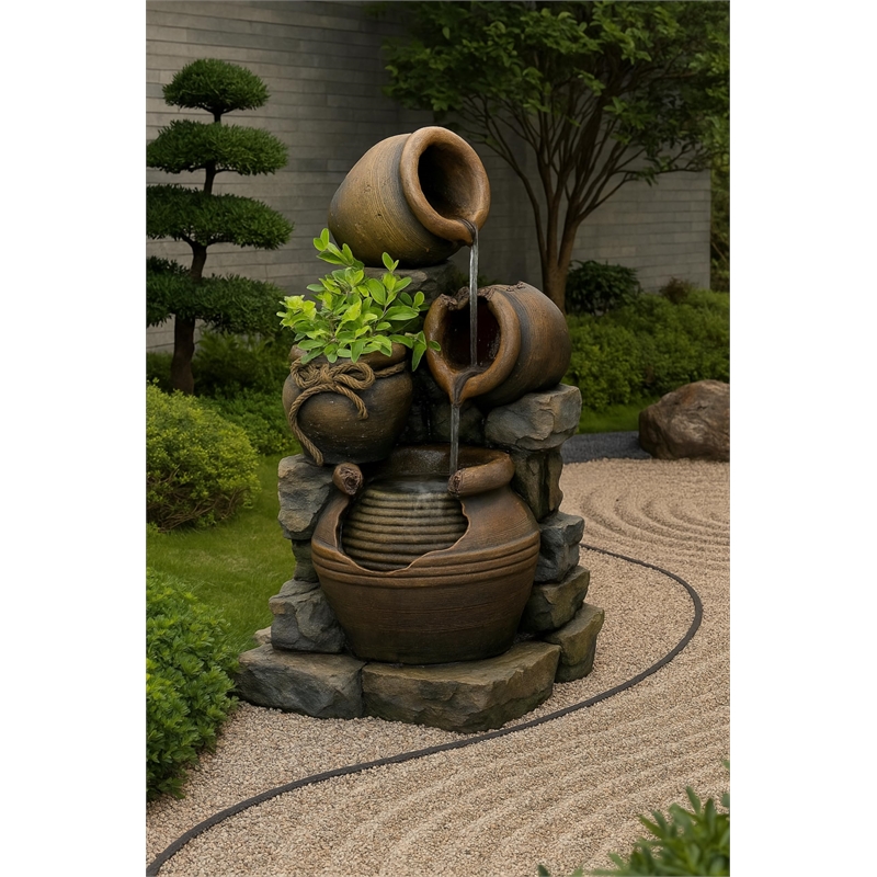 Pemberly Row Multi Pots Outdoor Water Fountain with Flower Pot