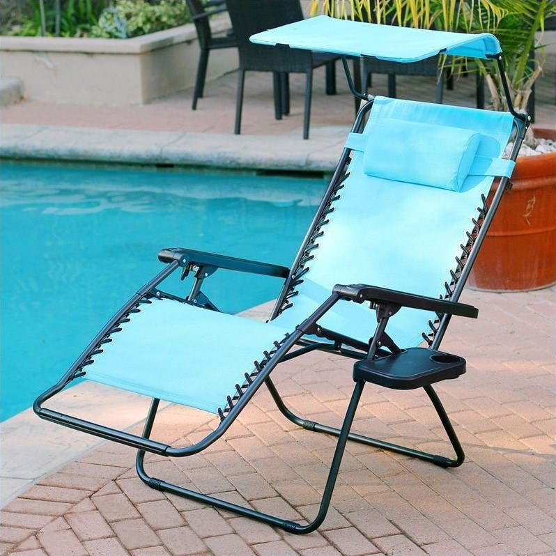 Pemberly Row Textilene Fabric Oversized Chair with Sunshade in Pacific Blue