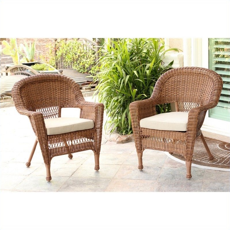 Pemberly Row Wicker Chair in Honey with Tan Cushion - Set of 2